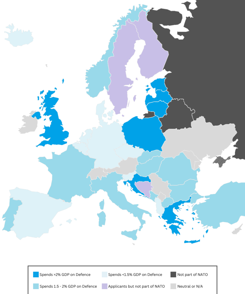 Map displaying by-country defence spending within European NATO members